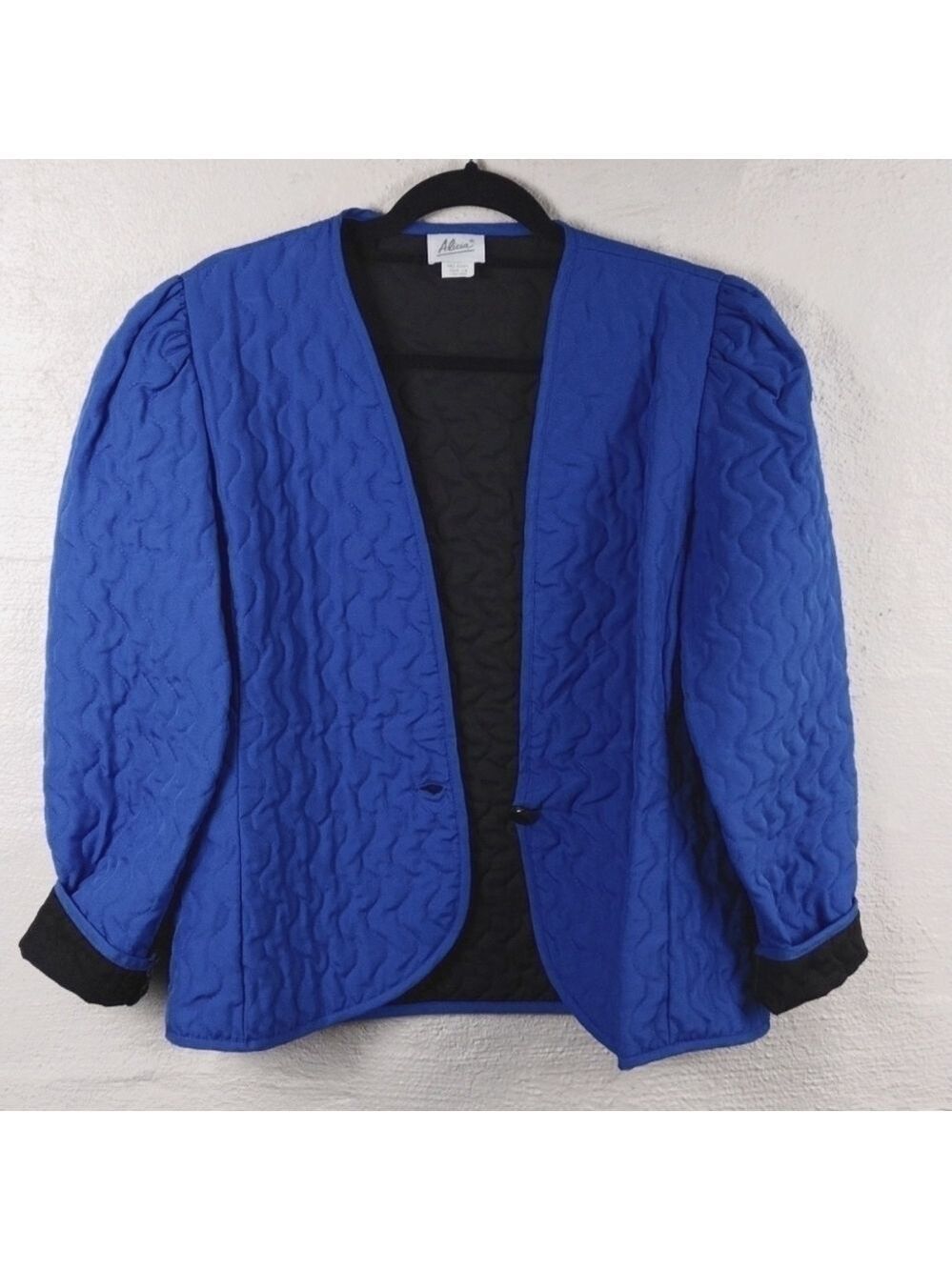 Alicia Vintage Blue Quit Long Sleeve Collarless Button Front Lightweight Jacket - Picture 4 of 9